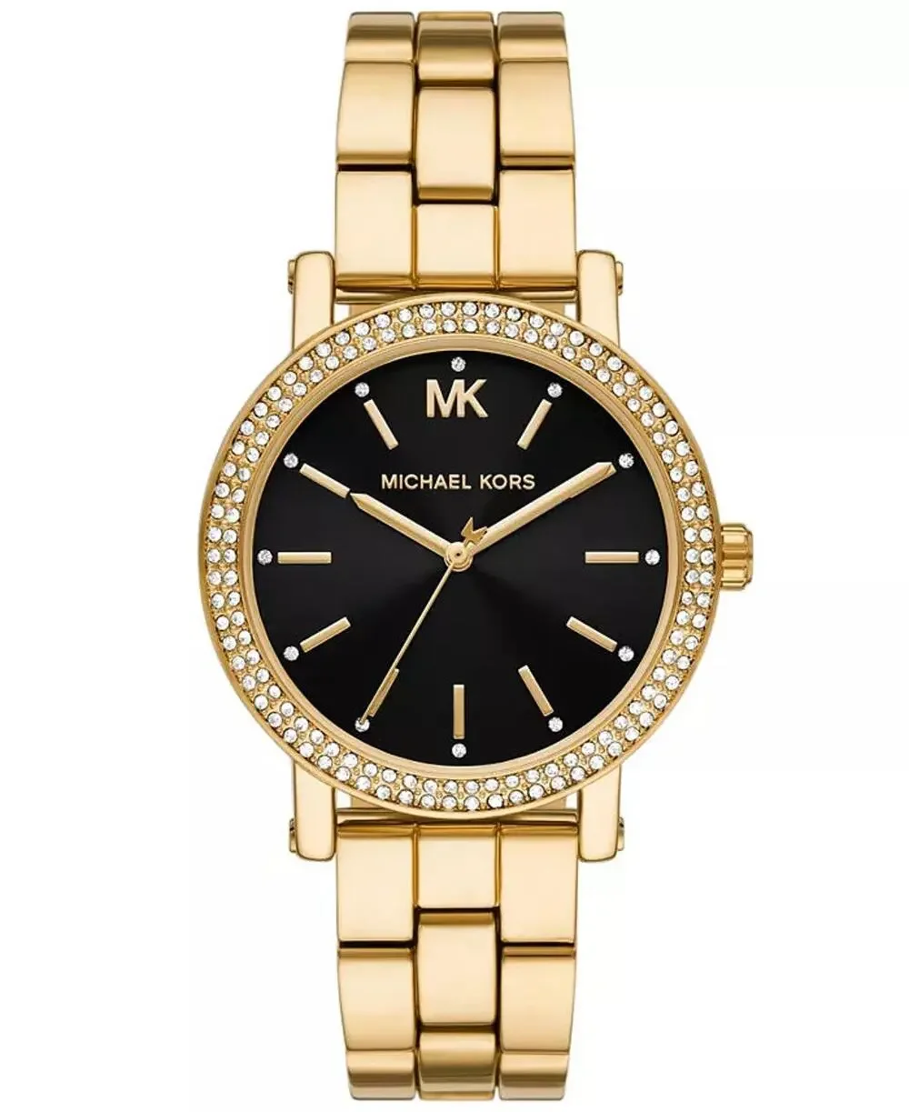 Michael Kors Mk7547 Watch Gold-Tone Black Pave Crystal Bezel Nwt Gold